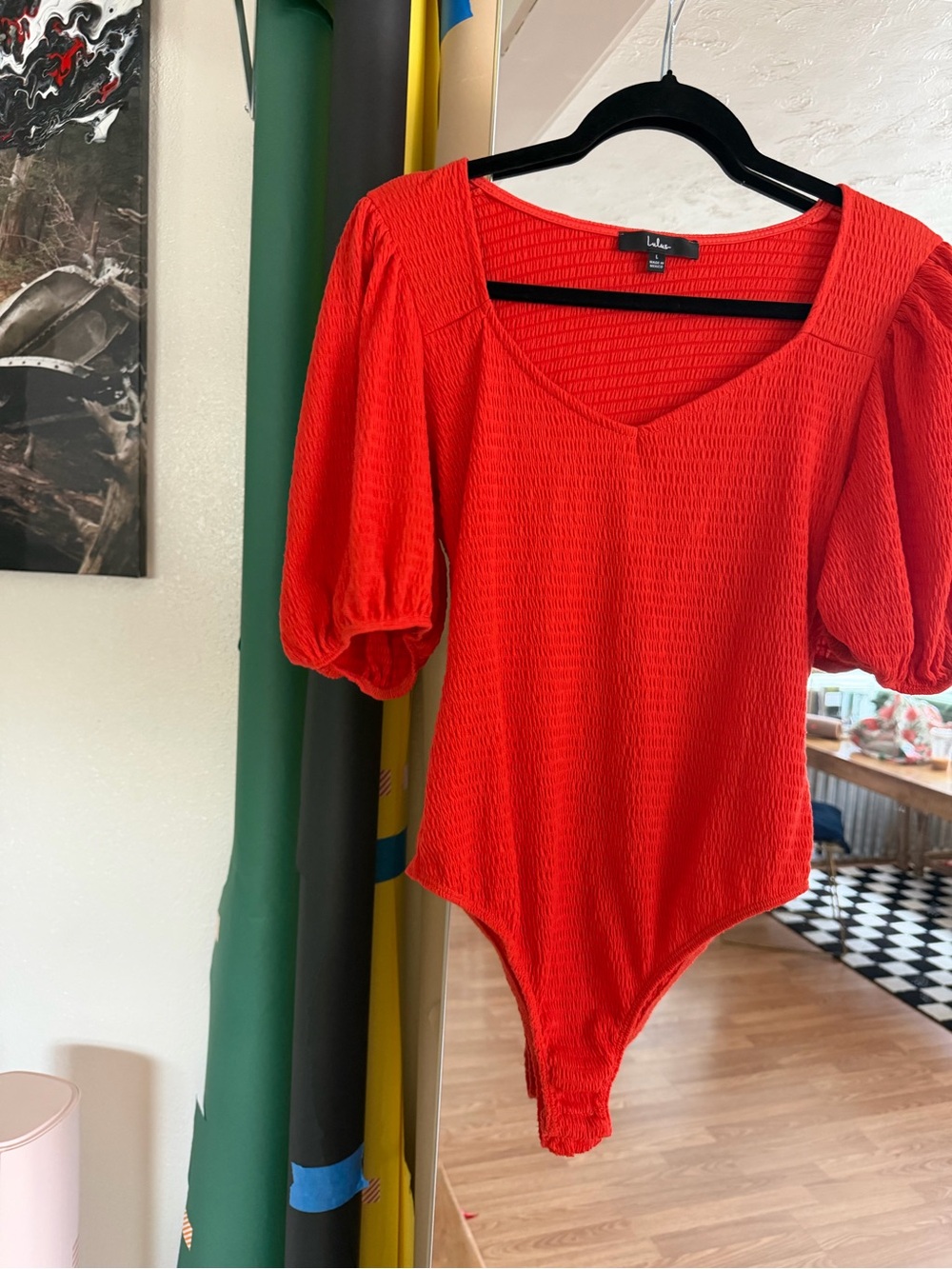 Lulu's Red Puff Sleeve Square Neck Bodysuit